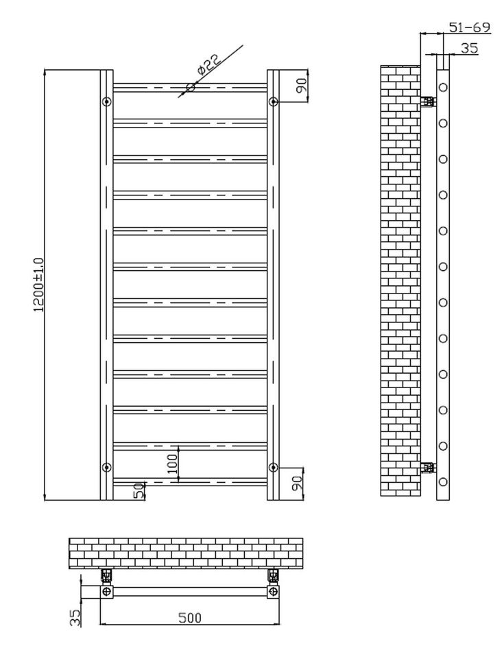 Speldhurst 1800 x 500mm Ladder Towel Rail - Brushed Brass